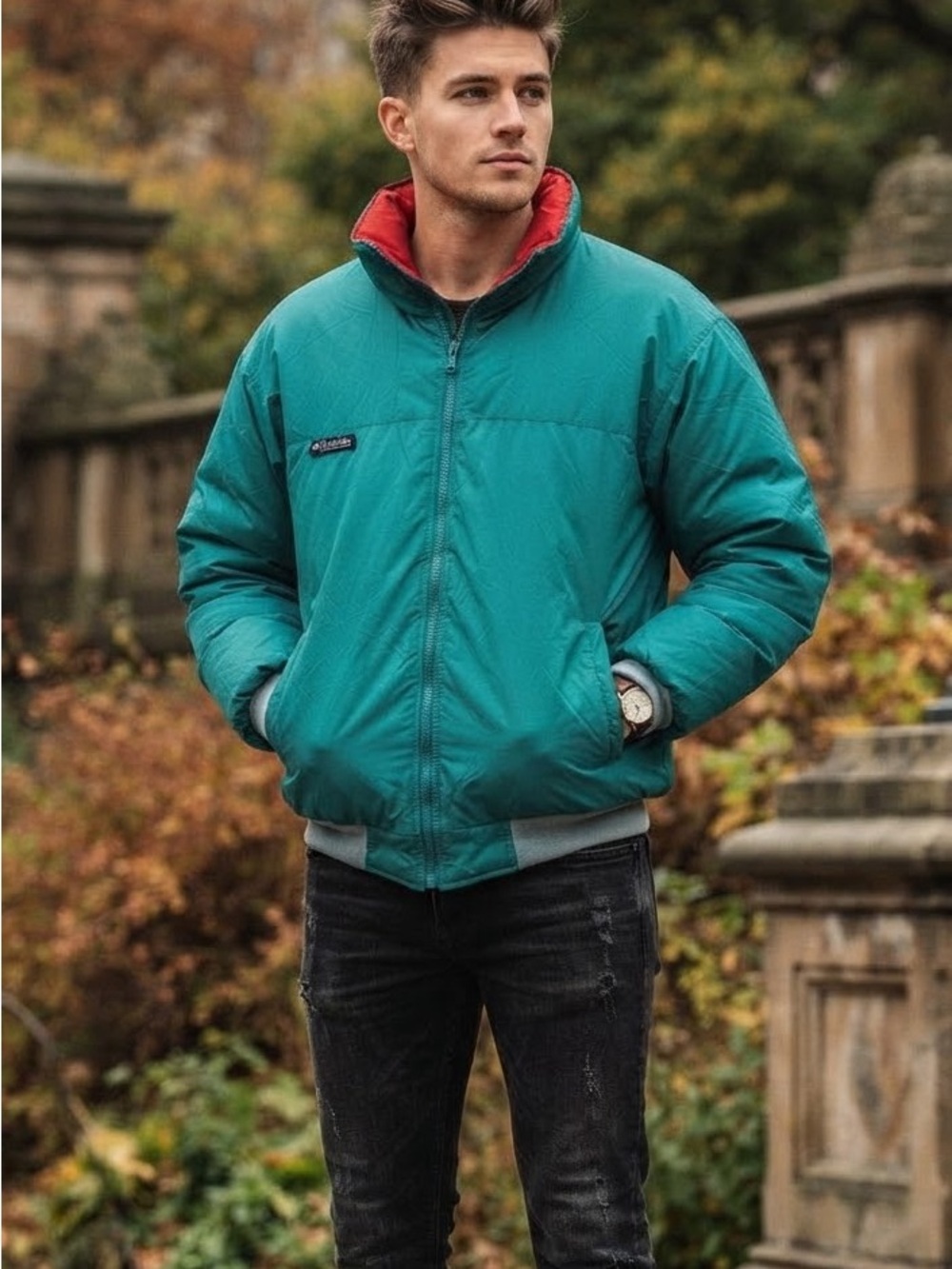 Vintage Men’s Columbia Reversible Teal and Red Down Puffer Coat